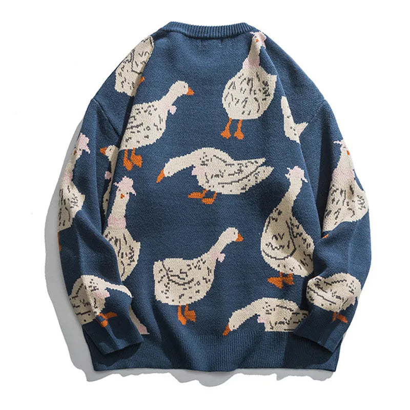 Mens Sweaters Japanese Knitted Sweater Men Cartoon Animal Duck Goose Print Pullover Harajuku Casual Oneck Oversize Top Streetwear Unisex Fall 221008