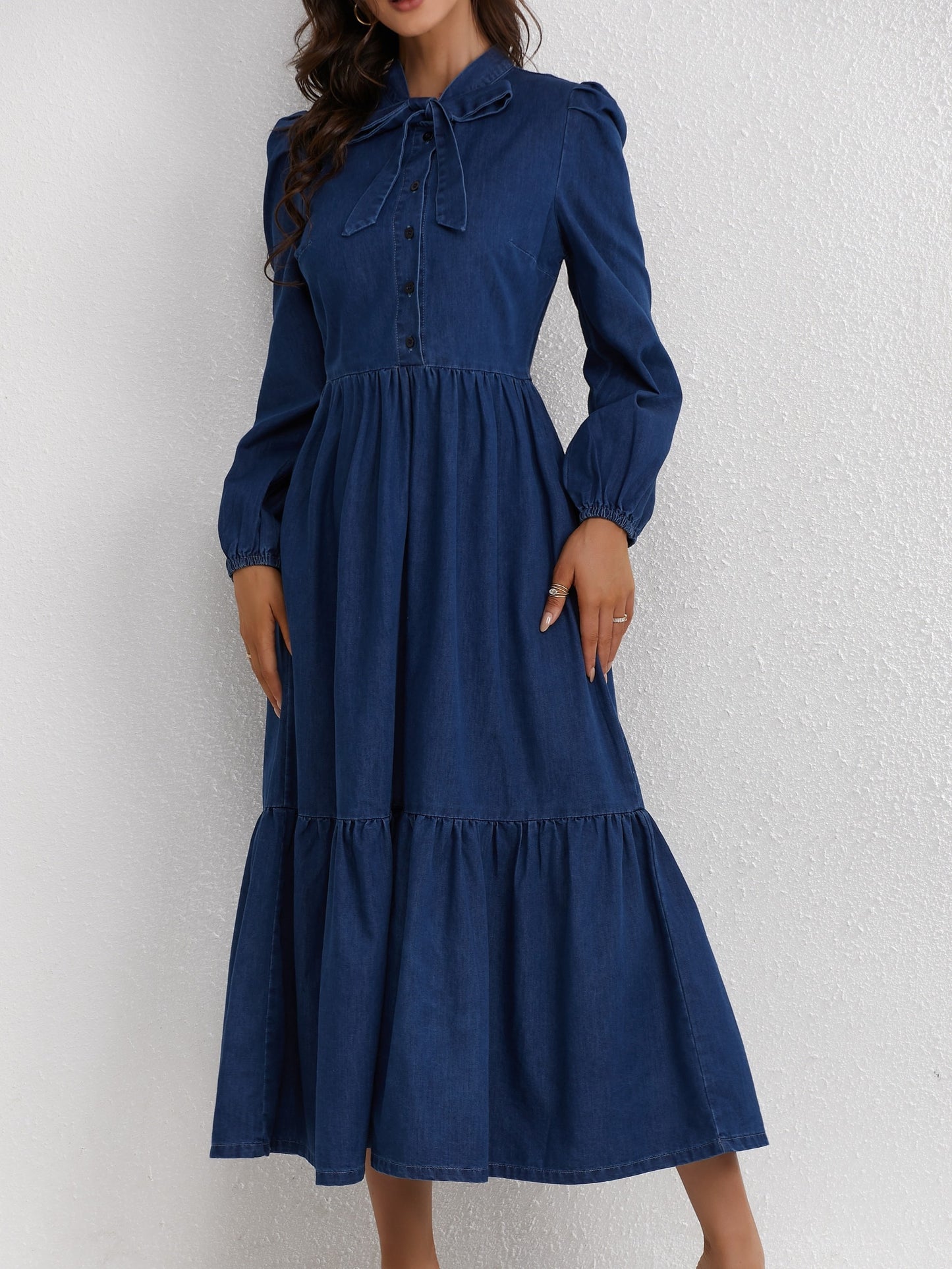 Elegant Style Plain Washed Blue Bowknot Tiered Layered Ruffled Puff Long Sleeve Maxi Denim Dress, Women's Denim Jeans & Clothing