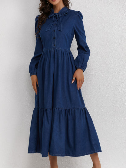 Elegant Style Plain Washed Blue Bowknot Tiered Layered Ruffled Puff Long Sleeve Maxi Denim Dress, Women's Denim Jeans & Clothing