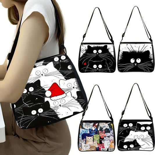 Cartoon Black CatPattern Shoulder Bag, All-Match Zipper Handbag, Trendy Bag Suitable For Christmas Gift