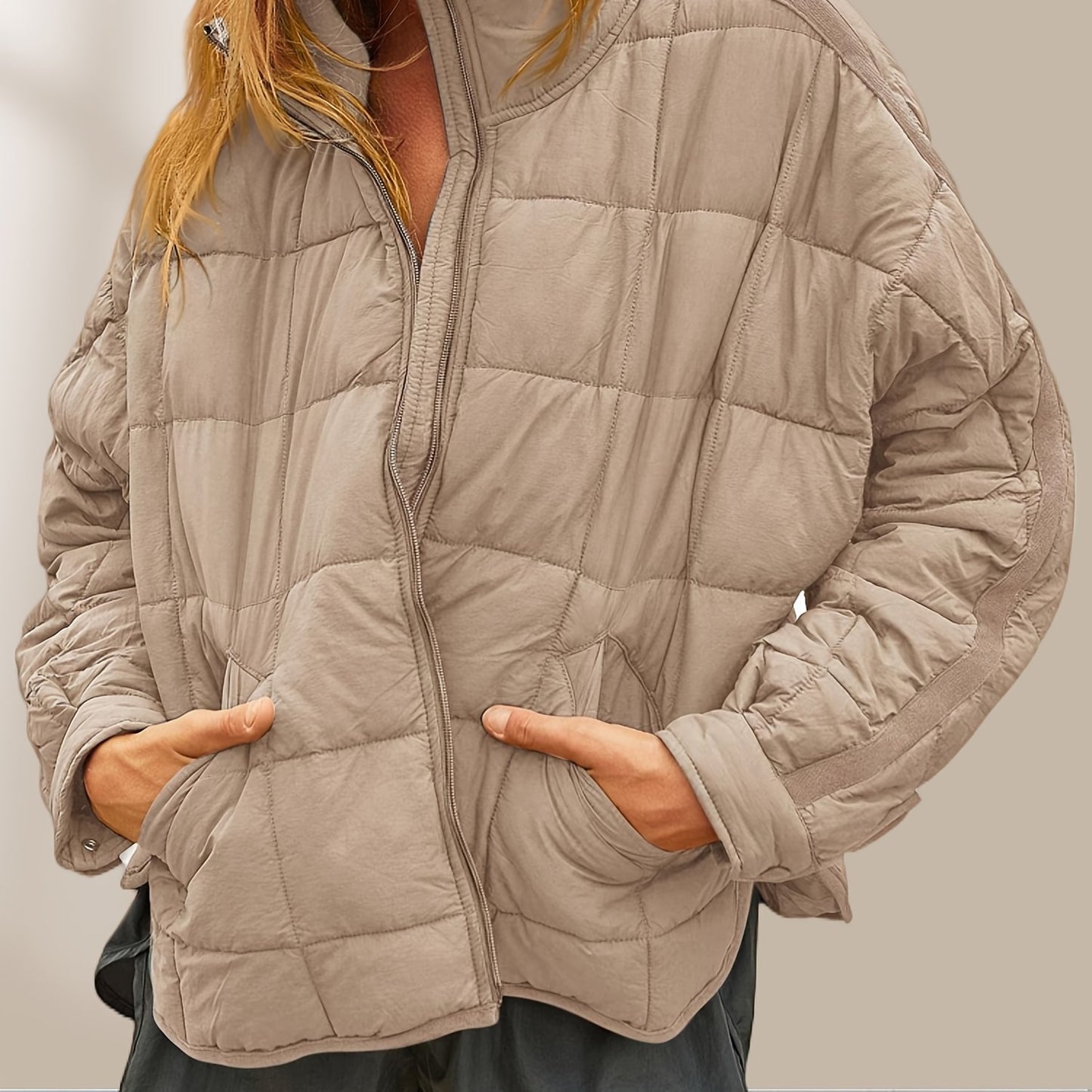 Zip Up Stand Collar Quilted Coat, Casual Long Sleeve Loose Winter Outerwear With Pocket, Women's Clothing