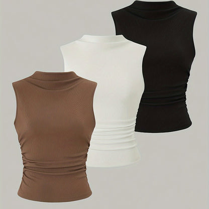 3-Pack Summer Essentials: Women's Sleek Mock Neck Sleeveless Tank Tops, Figure-Flattering & Breathable for Everyday Chic