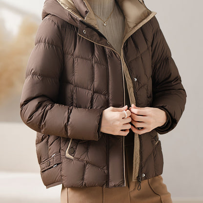 Winter New Arrival: Women's Puffer Jacket with Hood - Duck Down Filling, Polyester Fabric, Regular Fit, Long Sleeves, Zipper Closure, No Belt, Suitable for Fall/Winter Seasons