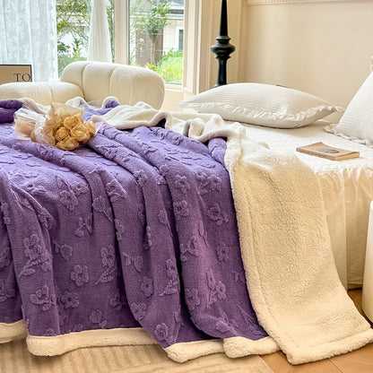 1pc Purple Flower Double-sided Fleece Blanket, Soft Warm Throw Blanket Nap Blanket For Couch Sofa Office Bed Camping Travel, Multi-purpose Gift Blanket For All Season, Home Decor