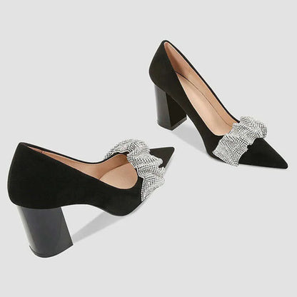 New Rhinestone Pumps Crystal High Heels Black Pointy Thick With Professional Work Interview Women's Single Shoes Kq8