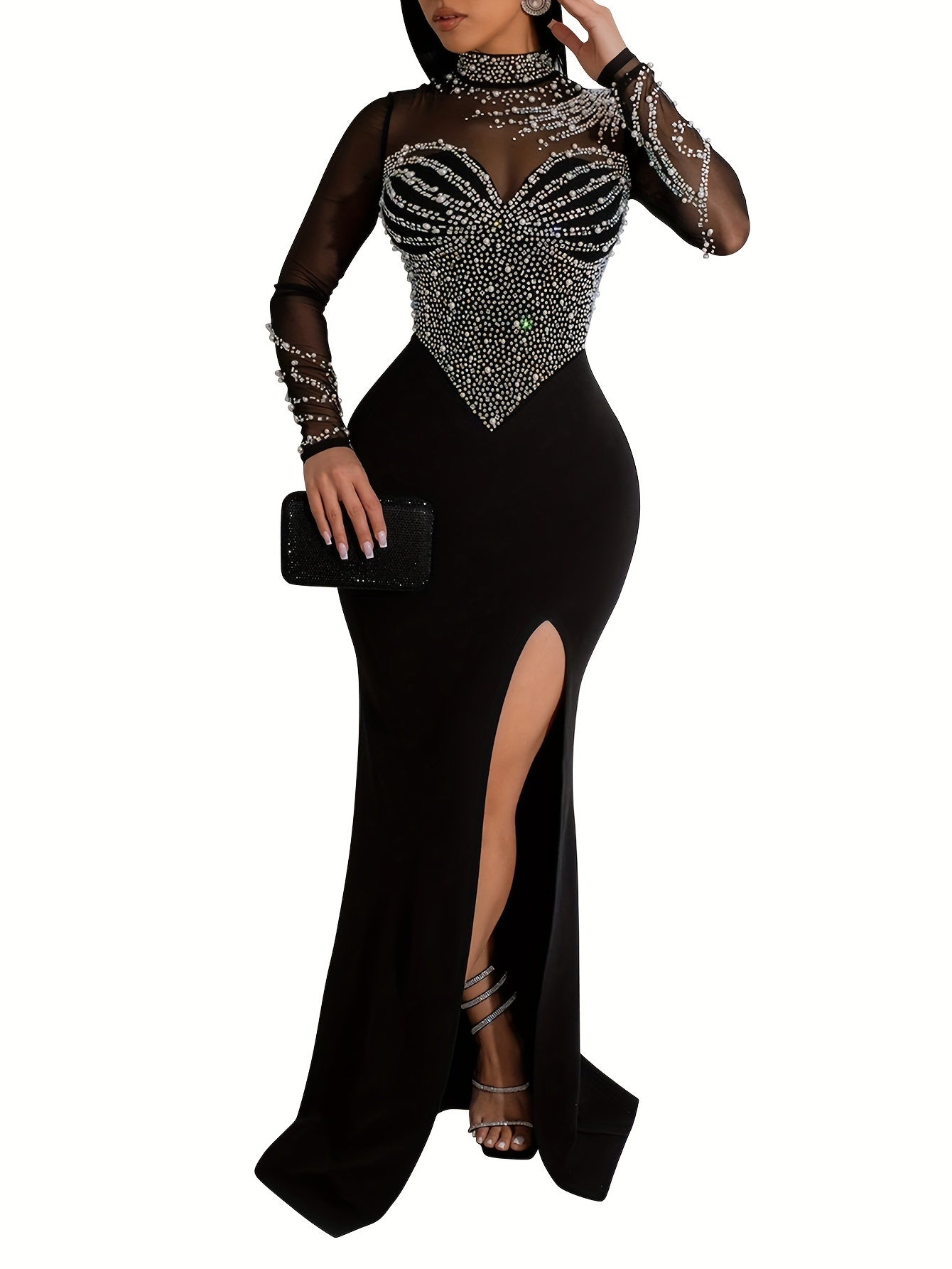 VAKKV Long Sleeve Rhinestone Bodycon Dress - Dazzling Embellishments, Flattering Mock Slit, Elegant Mesh Splicing - Perfect for Womens Formal Events, Parties, and Banquets