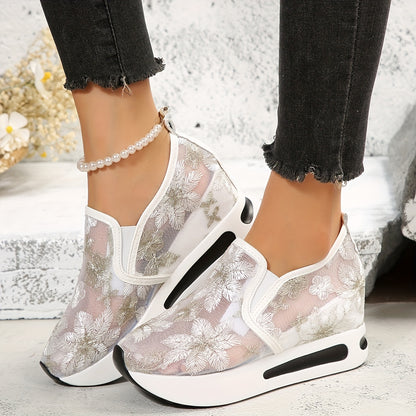 Womens Floral Lace Charm - Casual Height Enhancing Slip-On Shoes with Stylish Platform - Versatile Low Top for Everyday Elegance