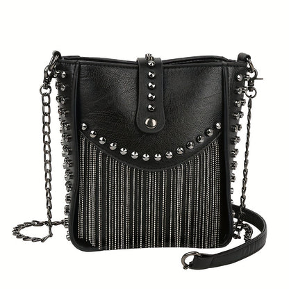 Trendy Punk Style Mini Bucket Bag - Fringe & Studded Accent, Premium PU Leather, Tassel Charm, Adjustable Chain Crossbody Strap for Fashion-Forward Women