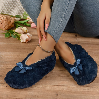 Cozy Heart Print Bowknot Slippers - Soft, Warm, and Plush Lined for Winter Bedroom Comfort - Flat Sole, Home Shoes for Relaxation and Leisure