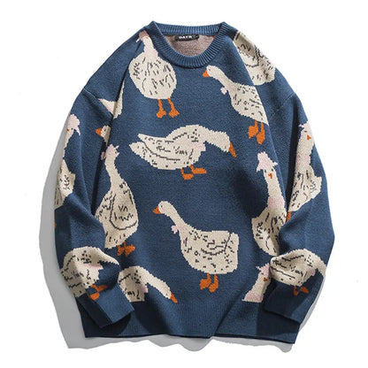 Mens Sweaters Japanese Knitted Sweater Men Cartoon Animal Duck Goose Print Pullover Harajuku Casual Oneck Oversize Top Streetwear Unisex Fall 221008