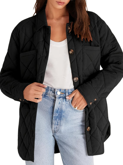 Womens Casual Lapel Collared Lightweight Quilted Jackets Fall Winter Warm Loose Puffer Outerwear