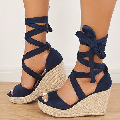 Women's Peep Toe Lace-up Wedge Sandals, Solid Color Platform Espadrille Shoes, Outdoor Beach Travel Shoes