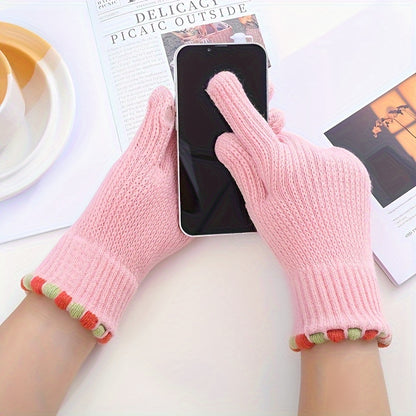 1 Pair Of Women's Coldproof Elastic Winter Insulated Warm Knitted Gloves For Outdoor Cycling