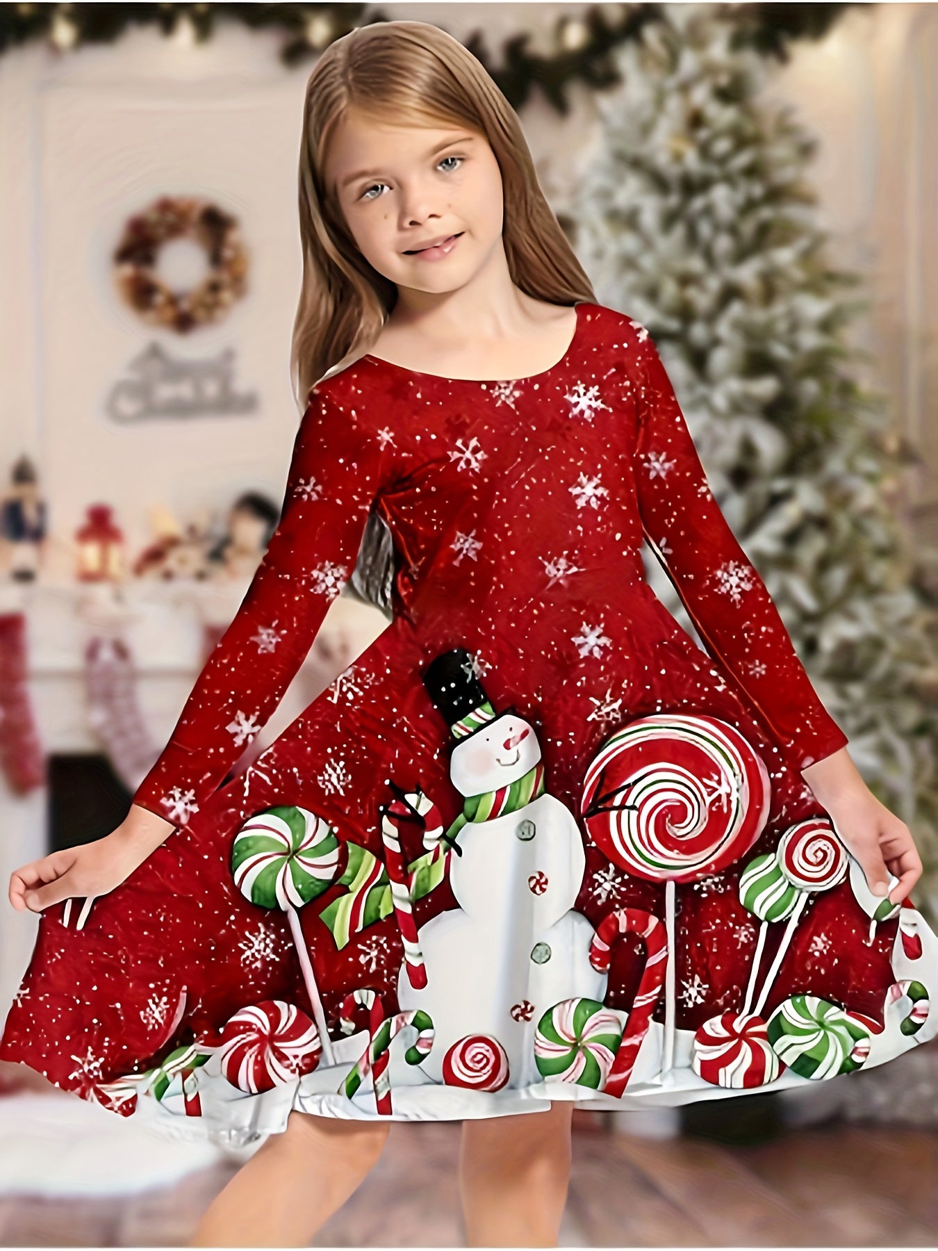 Christmas Themed Children's Long Sleeve Dress - Polyester 100%, Street Style, Knee High, Applique Detail, Tunic Fit, A-Line, Knit Fabric, Slight Stretch, for Ages 2-13, Red and Blue Options with Snowflake and Candy Patterns