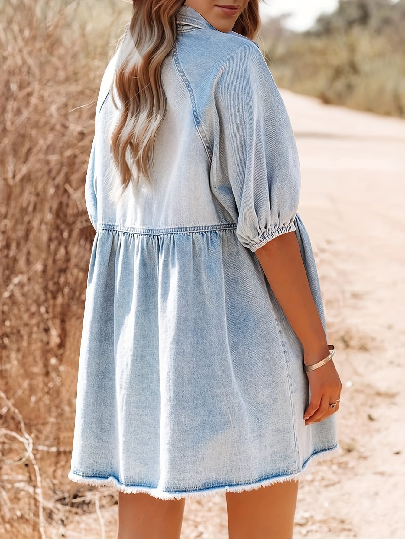 Distressed Style Raw Hem Plain Light Washed Blue Puff Sleeve Button Up Denim Dress, Women's Denim Jeans & Clothing