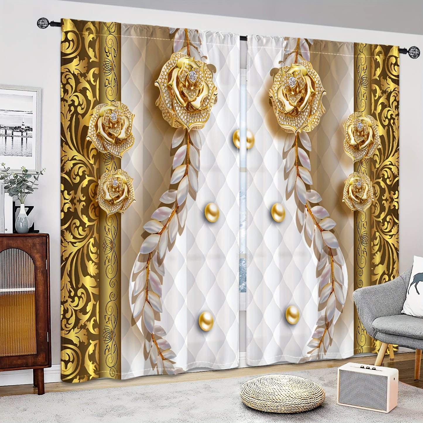 2pcs Modern European Style 3D Curtain Three-dimensional Golden Flower Semi Blackout Curtain For Bedroom Living Room Window Kitchen Office Home Decoration