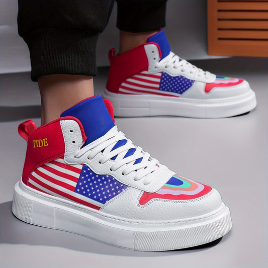 Men's Non Slip High Top Skate Shoes, American Flag Style Trendy Casual Sneakers For Autumn And Winter - Outdoor Street Walking Traveling