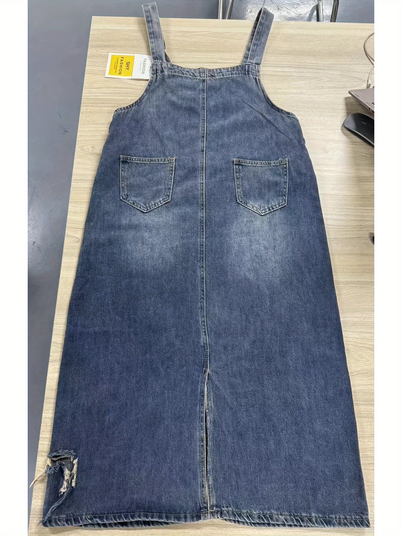 Women's Preppy Long Denim Pinafore Dress - 80% Cotton, 20% Polyester Non-Stretch Sleeveless Strappy Back with Hollow Detail, Loose Fit Summer Elegant Extra-long Woven Dress