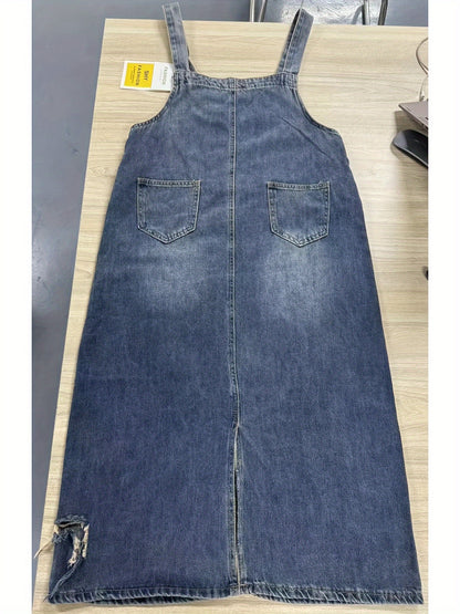 Women's Preppy Long Denim Pinafore Dress - 80% Cotton, 20% Polyester Non-Stretch Sleeveless Strappy Back with Hollow Detail, Loose Fit Summer Elegant Extra-long Woven Dress