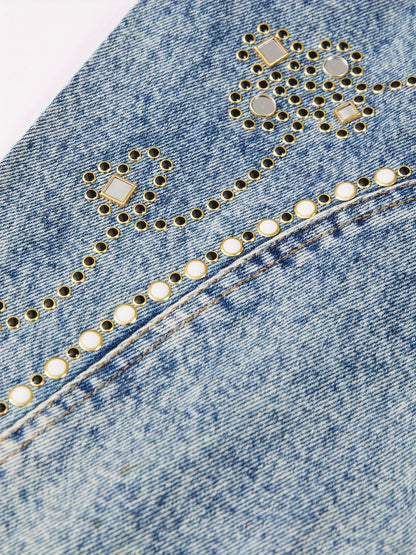 Rhinestone Decor Distressed Washed Blue Long Sleeve Retro Chic Denim Jacket Top, Women's Denim Jeans & Clothing