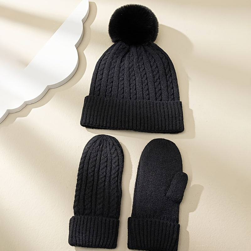 2pcs Winter Gloves Beanie Set Black Rhombus Ribbed Knit Hats Beanie With Pom Elastic Warm Coldproof Mittens For Women Daily Use Outdoor