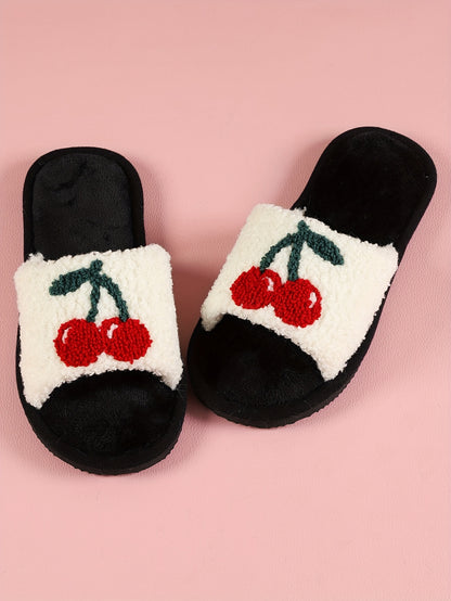 Trendy Cherry Print Womens Open Toe Slippers - Ultra-Soft Plush, Luxuriously Fuzzy, Non-Slip Sole - Heavenly Cozy Indoor footwear for Trendsetters
