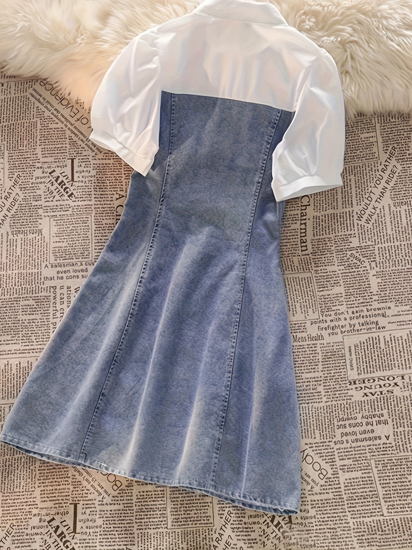 Chic Summer Denim Dress for Women - Slimming Puff Sleeve Design, Elegant Cotton Blend, Non-Stretch, Machine Washable