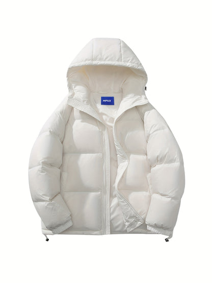 Men's Loose Solid Down Jacket With Pockets, Casual Breathable Zip Up Long Sleeve Warm Hooded Outwear For Winter Outdoor Activities