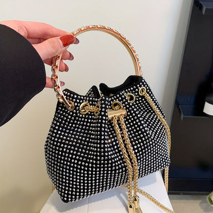 Elegant Sparkling Rhinestone Bucket Bag | Secure Drawstring Polka Dot Satchel | Luxury Evening Shoulder Chain Bag