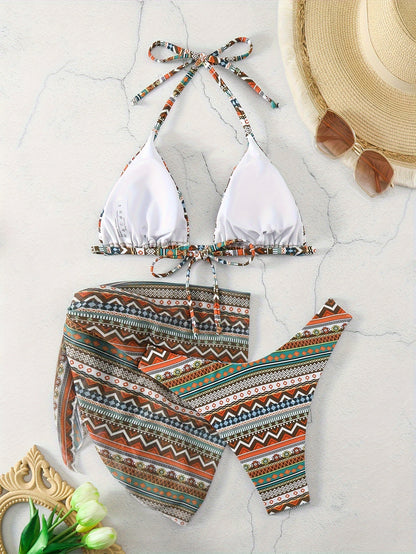 3 Piece Geometric Print Boho Halter Neck Bikini Set - High Stretch, Lace Up, Machine Washable, High Cut, Backless, Tie Back, Cover Up Wrap - Customized Knit Polyester Swimwear for Women