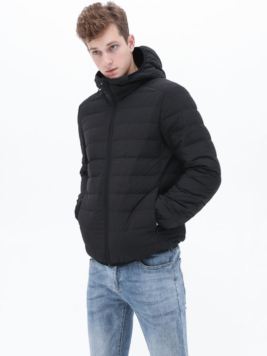 Warm Lightweight Puffer Hooded Jackets, Men's Casual Solid Color Classic Design Quilted Jacket For Fall Winter