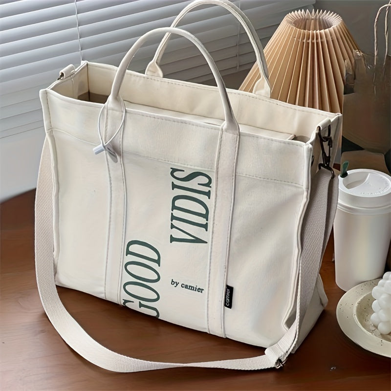 Letter Print Canvas Tote Bag, Large Capacity Shoulder Bag, Literary Solid Color Handbag For School, Travel, Shopping