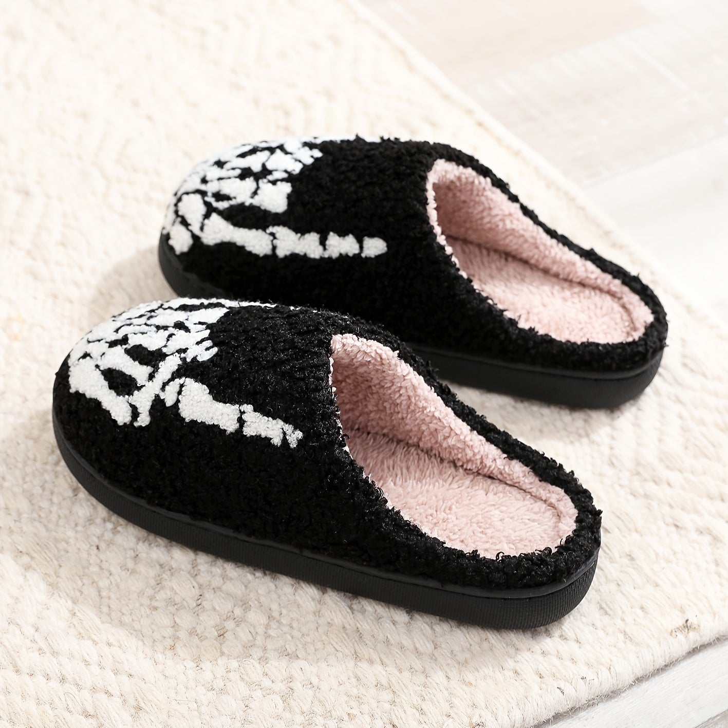 Cozy Cartoon Skeleton Hand Fuzzy Slippers - Soft, Warm, and Plush Slip-On Shoes with TPR Sole for Music Festival and Winter - Cartoon Patterned, Punk Style, Fabric Upper and Insole, All-Season Wear