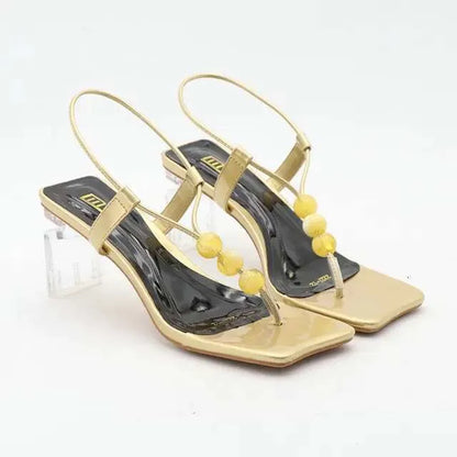 Summer New Fashion Square Head High Heels Round String Bead Sandals Large Size Women Shoes Kq8