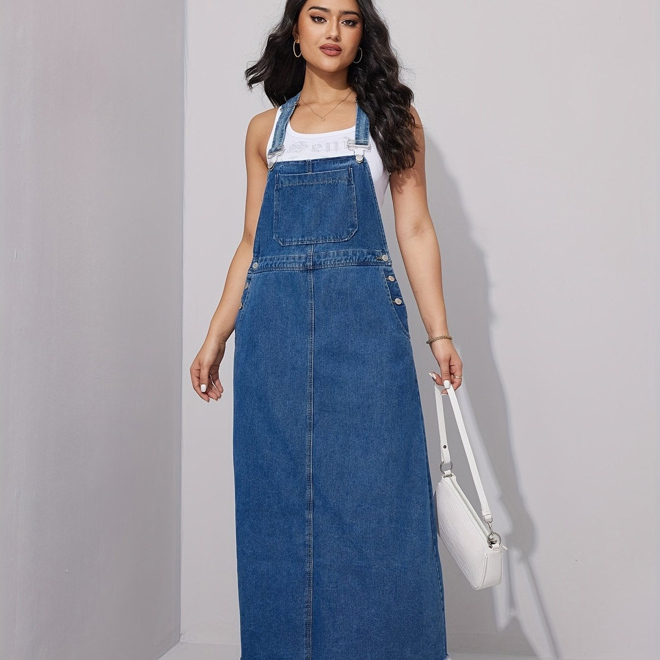 Chic Blue Distressed Denim Overall Dress - Adjustable Straps, Loose Maxi Fit, Stylish Womens Jeans Clothing