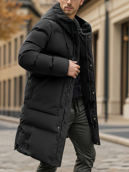 Winter Thickened Medium-Long Warm And Cold-Proof Hooded Drawstring Large Pockets Windproof And Waterproof Men'S Imitation Down Jacket Cotton Coat