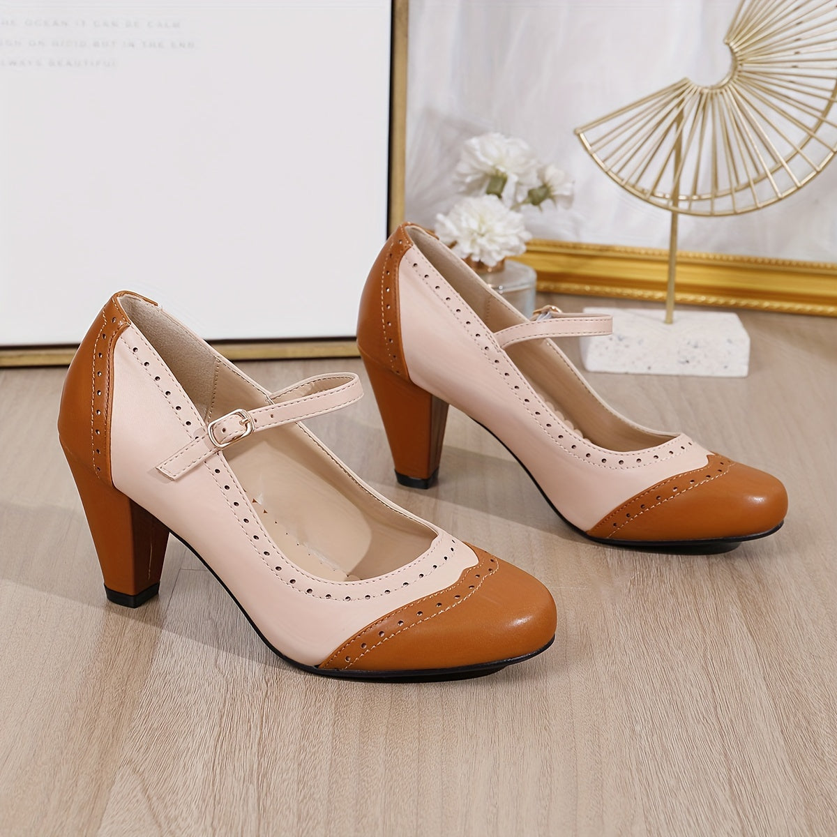 Elegant Two-Tone Mary-Jane Pumps: Comfortable Kitten Heels with Unique Embroidery, Perfect for Any Season & Occasion