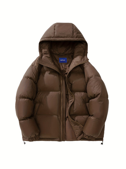 Men's Loose Solid Down Jacket With Pockets, Casual Breathable Zip Up Long Sleeve Warm Hooded Outwear For Winter Outdoor Activities
