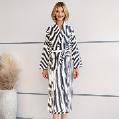 Modern Polyester Striped Bathrobe for Couples, Super Soft Coral Fleece Lounge Wear with Knit Fabric Weave, Thick Plush Long Sleepwear for Winter - 300gsm
