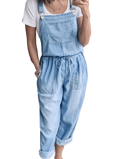 Womens Solid Color Drawstring Waist Non-Stretch Denim Jumpsuit - Casual Fashion Overalls with Patched Pockets, Adjustable Hem, and Relaxed Fit - Perfect for All Seasons