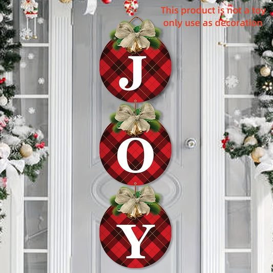 3pcs Rustic Christmas JOY Signs, Buffalo Plaid Christmas Wreaths For Front Door - Christmas Pendant, Holiday Xmas Garage Door Wall Decorations Indoor Outdoor Decor