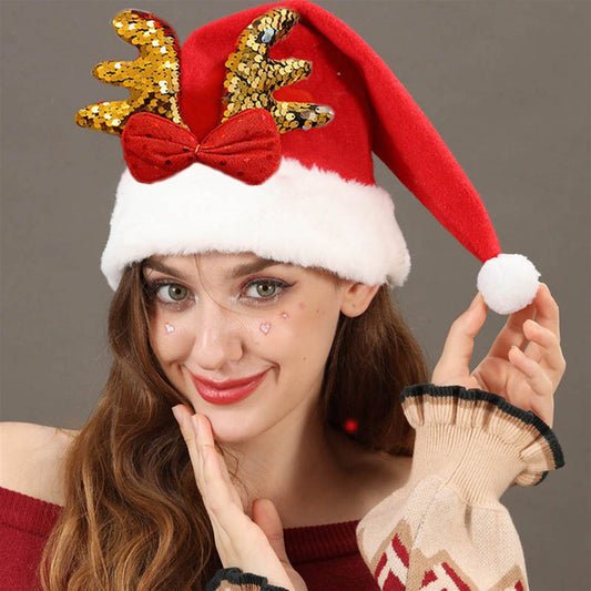 [1pc Sequin Santa Hat] Christmas Reindeer Antler Santa Hat, Polyester Knit, Inelastic, with Sequin Detail, for Festive Holiday Headwear