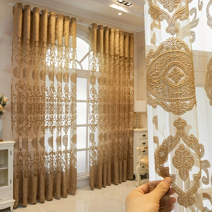 2pcs European-style Golden Jacquard Curtains, Grommet Top Curtain Living Room Bedroom Study Dining Room Balcony Office And Other Home Decoration, Room Decoration