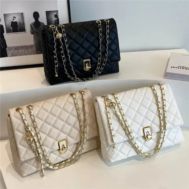 burminsa Quilted Large Chain Shoulder Bags For Women  Luxury Designer Crossbody Bags PU Leather Ladies Handbags Black White G53U#