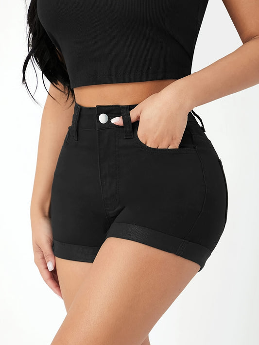 High-Waisted Wide Leg Stretchy Denim Shorts - Slim-Fit, Versatile, and Comfortable for Summer - Black Solid Color, Button Fly, No Belt, Short Length, High-Quality Knit Fabric, and Customized Casual Chic Style