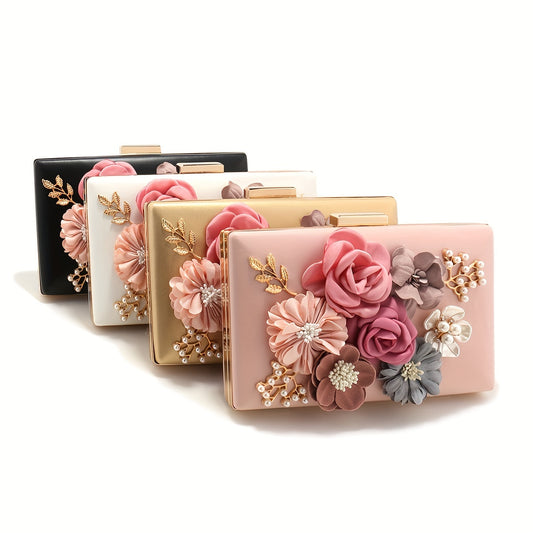 Glittering 3D Flower Evening Clutch - Stylish Womens Purse for Weddings & Parties - Dazzling Chain Strap Handbag with Delicate Floral Embellishment