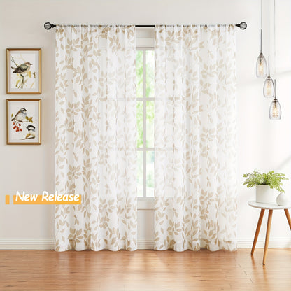 2pcs Leaf Printed Linen White Sheer Curtain, Rod Pocket Window Treatment For Bedroom Office Kitchen Living Room Study Home Decor