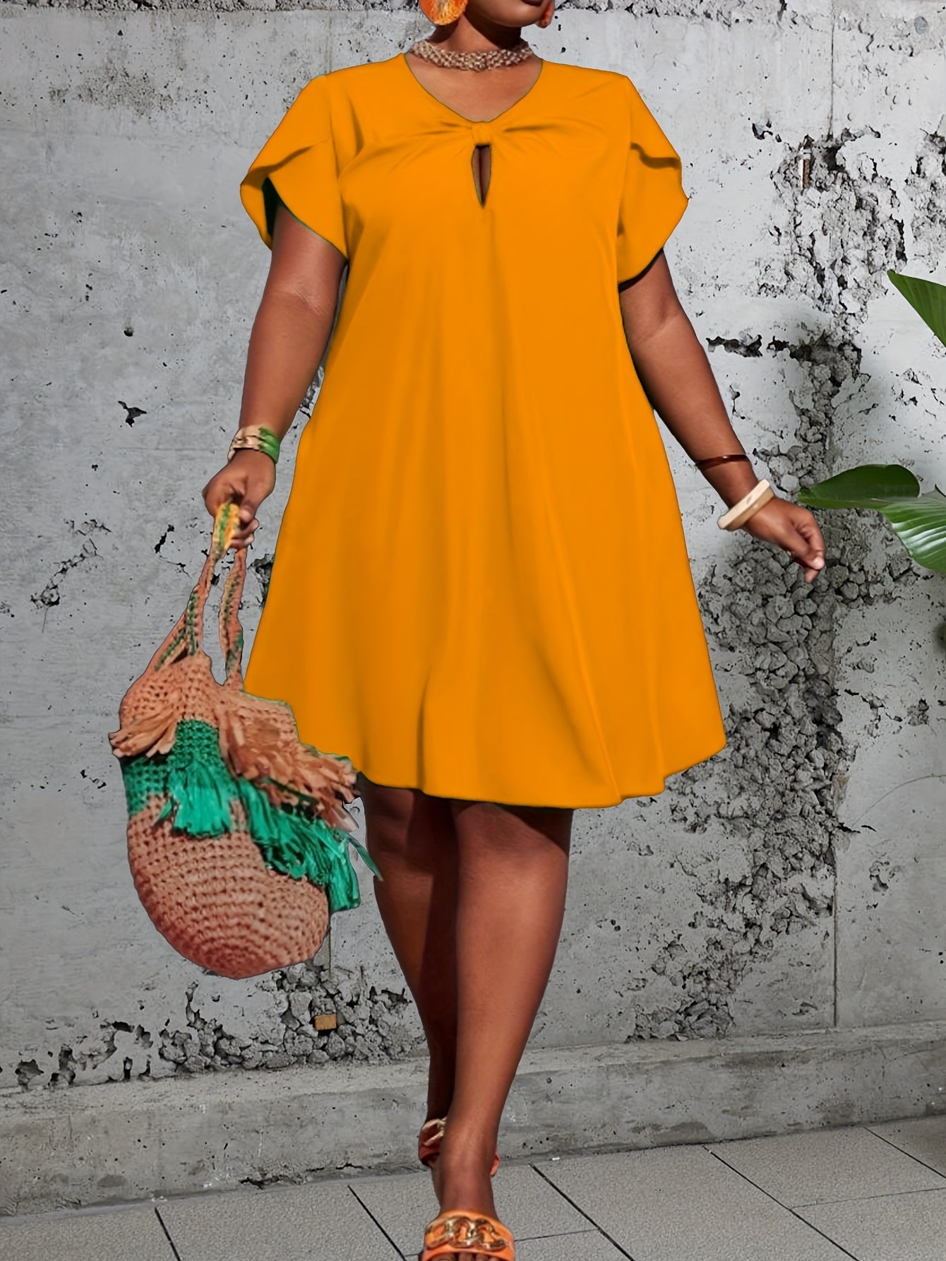 Flattering Plus Size Solid Keyhole Knot Dress - Fashionable Petal Sleeves - Comfortable Loose Fit for Spring & Summer - Curvy Womens Wardrobe Staple