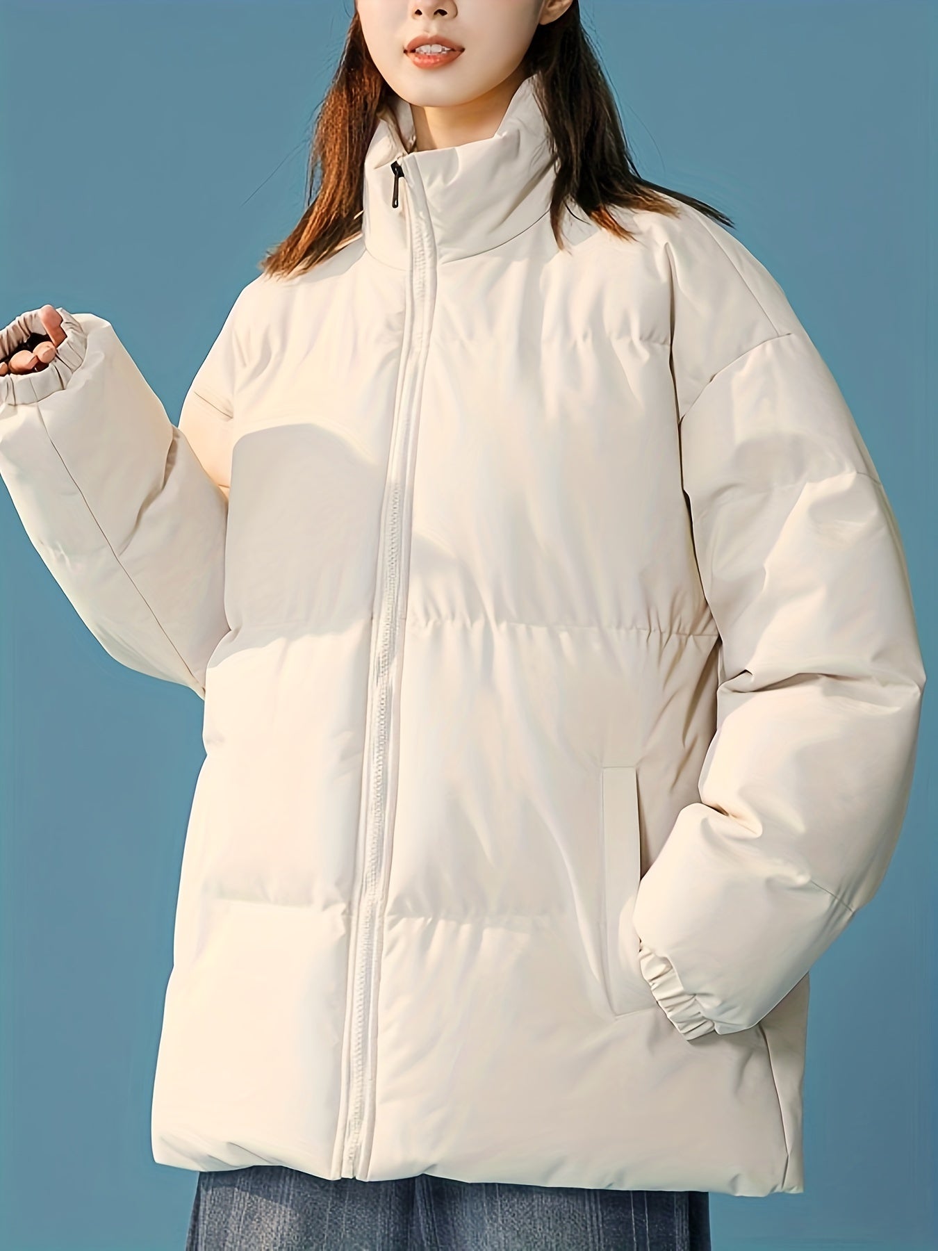 Women's Windproof Thermal Zip Up Thicken Jacket Coat, Solid Color Stand Collar Casual Coat