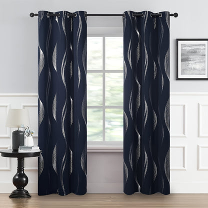 2PCS Luxurious Blackout Curtains with Grommet Top - Thermal Insulated, Noise Reducing, High Precision Bronzing Striped Wave Pattern for All-Season Room Darkening - Polyester Drapes for Bedroom and Living Room with Easy Installation